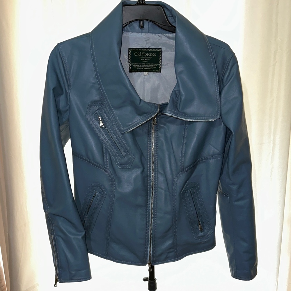 Women's Blue Leather Jacket Old Florence Leather‎ Factory Made in Italy